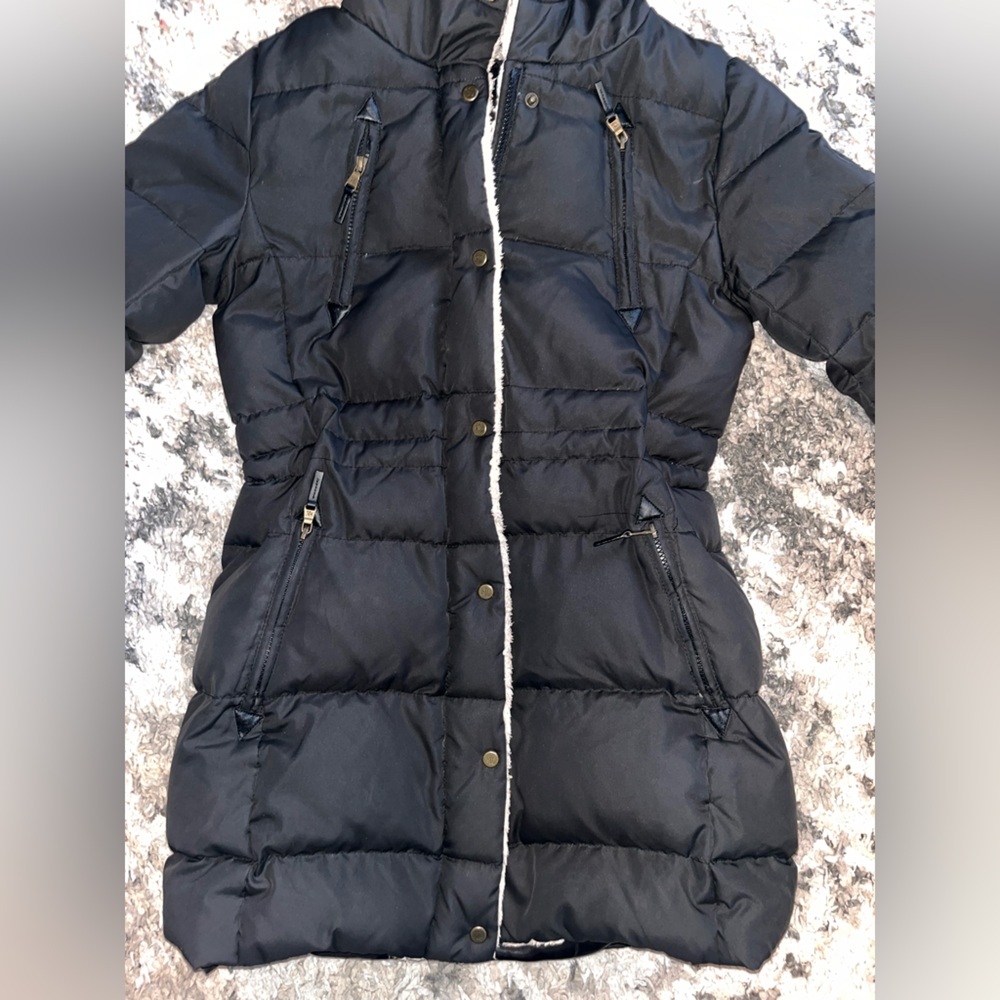 Lauren Ralph Lauren down feather Black Puffer Coat with Cream Hood size small - Picture 2 of 8